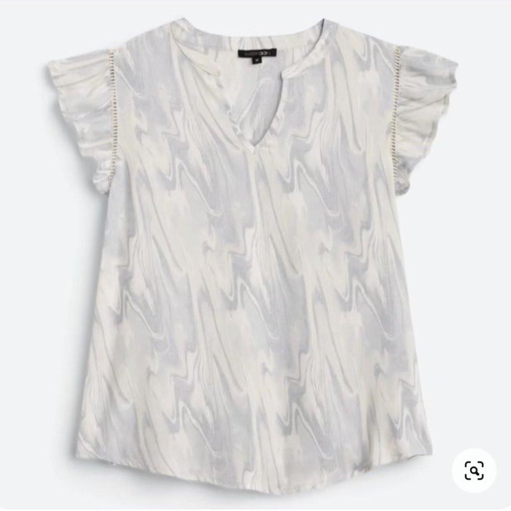 Papermoon Maude Flutter Sleeve Blouse - Grey and White Abstract Pattern (XL) NWT